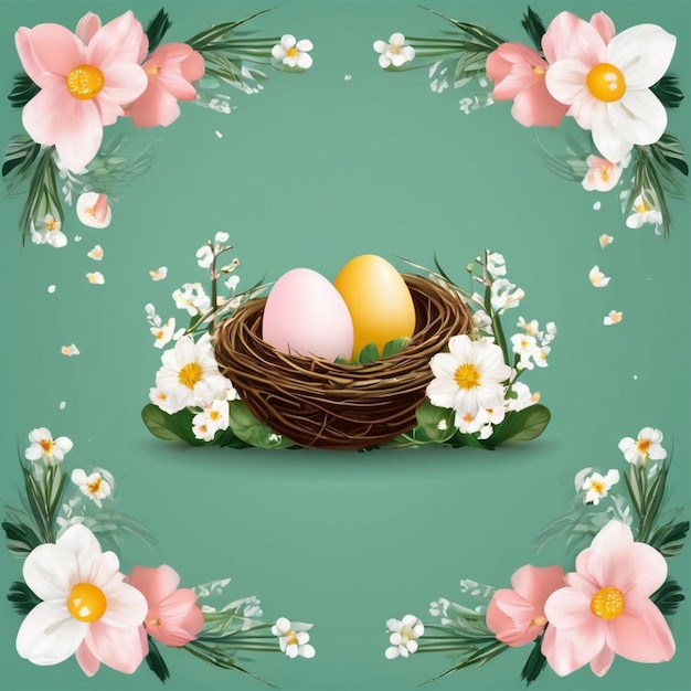 Happy easter social media post template with nest eggs and flowers