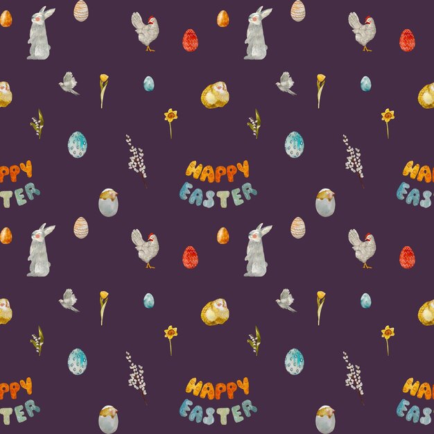 행복 한 부활절 제목 토끼 계란 꽃 보라색 패턴입니다. 수채화 그림입니다. 손으로 그린 텍스처입니다.