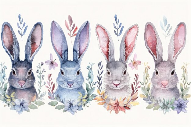 Happy Easter watercolor cards set with cute Easter rabbit eggs spring flowers and bird in pastel colors isolated on white background