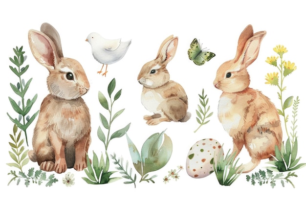 happy easter watercolor cards set with cute easter rabbit eggs spring flowers and bird in pastel colors isolated on white background