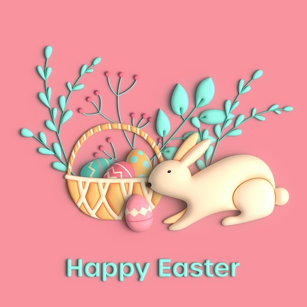 Happy Easter wenskaart met bunny mand eieren en bloemen op roze achtergrond 3D trendy render foto