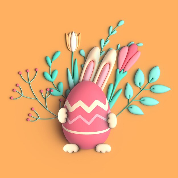 Happy Easter wenskaart met paaseieren en bloemen op gele achtergrond 3D trendy render foto