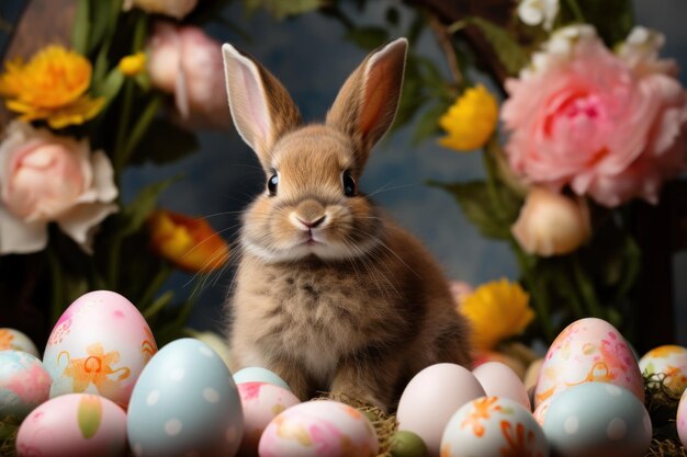 Happy Easter with bunny and decorated painted eggs Generative AI