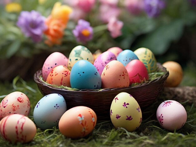 Счастливой Пасхи с пасхальным кроликом и красочными пасхальными яйцами