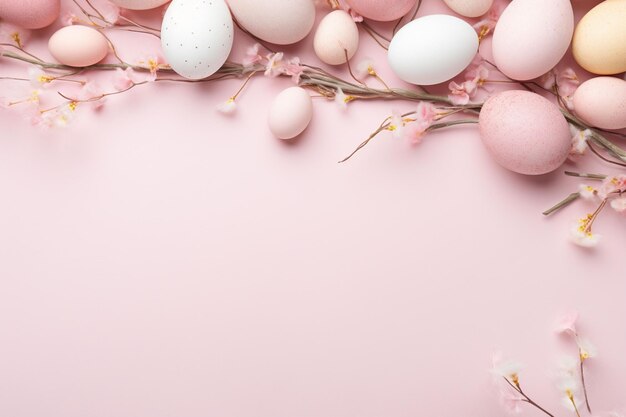 Photo happy easter with eggs frame pink background with copy space