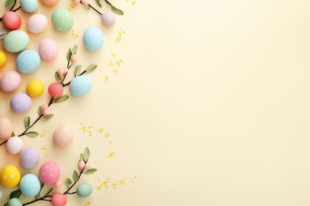 Happy easter with eggs frame yellow background with copy space