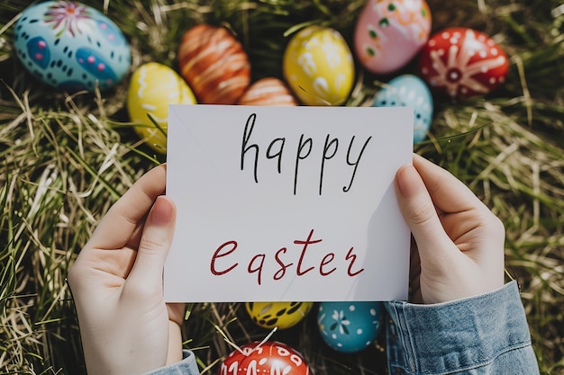 Foto fortunata donna di pasqua che tiene una cartolina di carta bianca con un modello di uova di pasqua