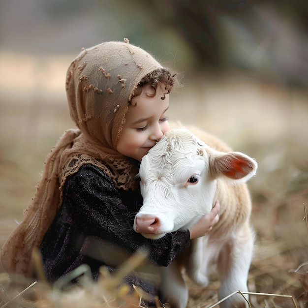 Happy Eid al adha background calf with little girl for design eid al adha greeting card