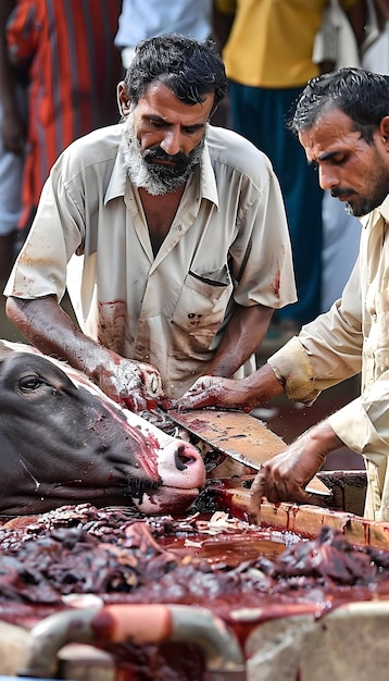 Photo happy eid al adha background with muslim boy sacrifice of an animal