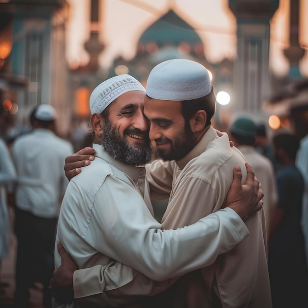 Foto buon eid al-adha mubarak con gli amici che si abbracciano durante la festa dell'eid