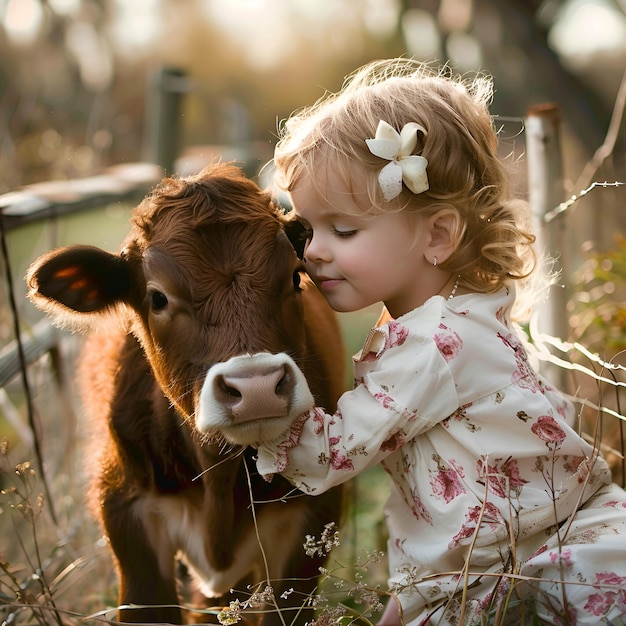 Happy Eid al adha mubarak with little muslim girl with calf Eid al adha celebration background