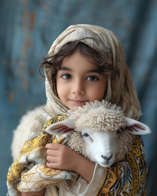 Happy Eid al adha mubarak with little muslim girl with sheep Eid al adha celebration background
