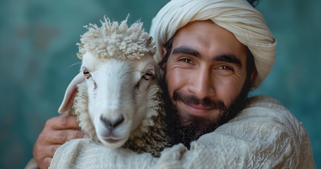 Photo happy eid al adha mubarak with muslim man with sheep eid al adha celebration background