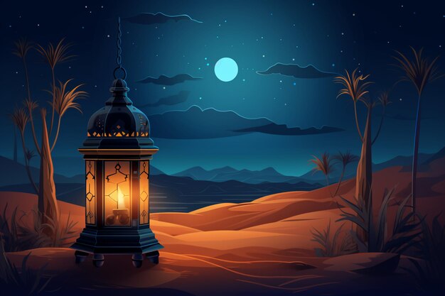 happy eid al adha poster with lantern and desert at night as background generative ai