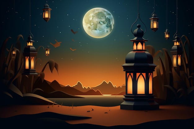 happy eid al adha poster with lantern and desert at night as background generative ai