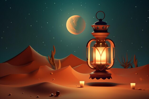 happy eid al adha poster with lantern and desert at night as background generative ai