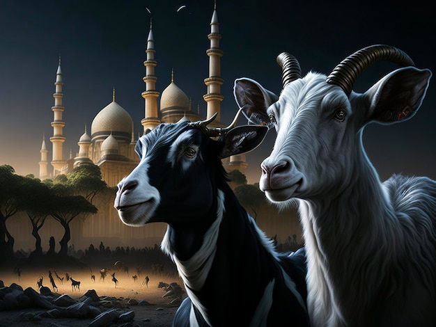 Happy eid al adha social media post met moskeemeer en bergen achtergrond creatief ai-beeld