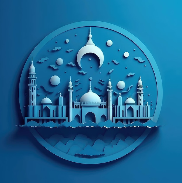 Happy eid al adha with background of a mosque moon stars