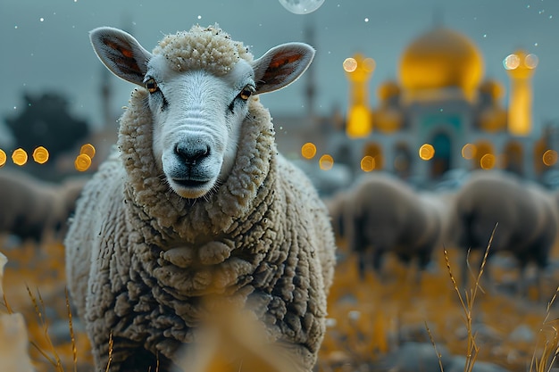 Happy eid al adha with sheep stand in front of a mosque in the background eid al adha greeting card