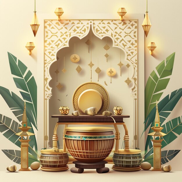 Happy Eid Al Fitr Eid Mubarak Poster Design with Indonesian Drum Bedug and ketupat