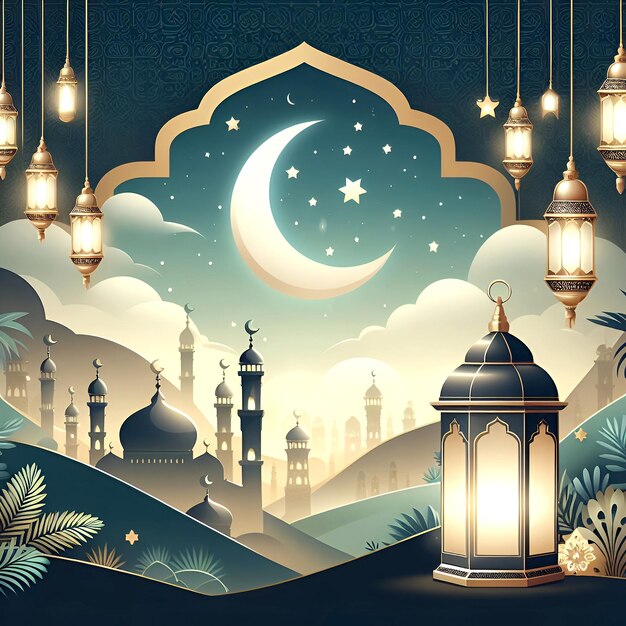 Foto happy eid al fitr poster sjabloon met een lantaarn achtergrond