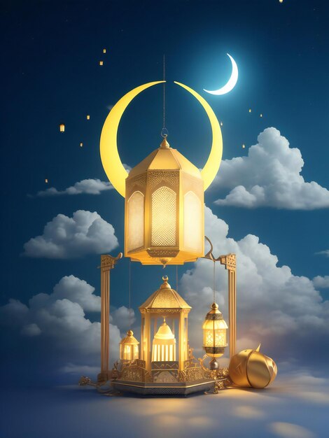 Happy eid alfitr background of lanterns moon and clouds ai generated