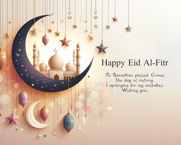 happy Eid alFitr greeting cards decorated with moon and star ornaments with a mosque in the backgro