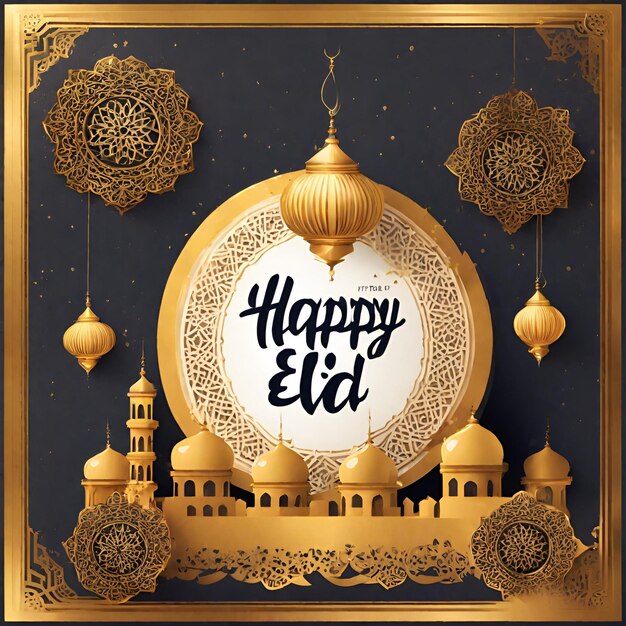 Photo a happy eid alfitr poster including clouds moon and lanterns as the background