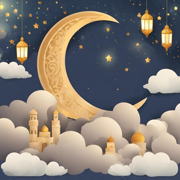 A happy Eid alFitr poster including clouds moon and lanterns as the background