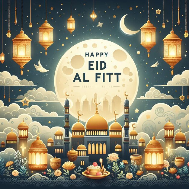 Happy eid alfitr poster with a background of lanterns moon and clouds