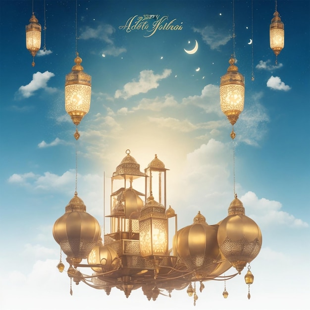 Плакат Happy Eid AlFitr на фоне фонарей, луны и облаков