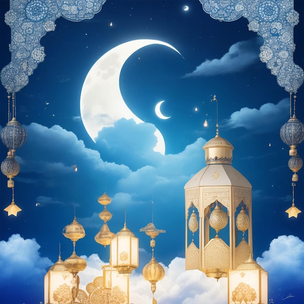 Happy eid alfitr poster with a background of lanterns moon and clouds