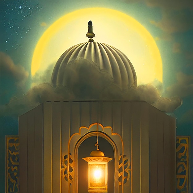 Photo happy eid alfitr poster with a background of lanterns moon and clouds