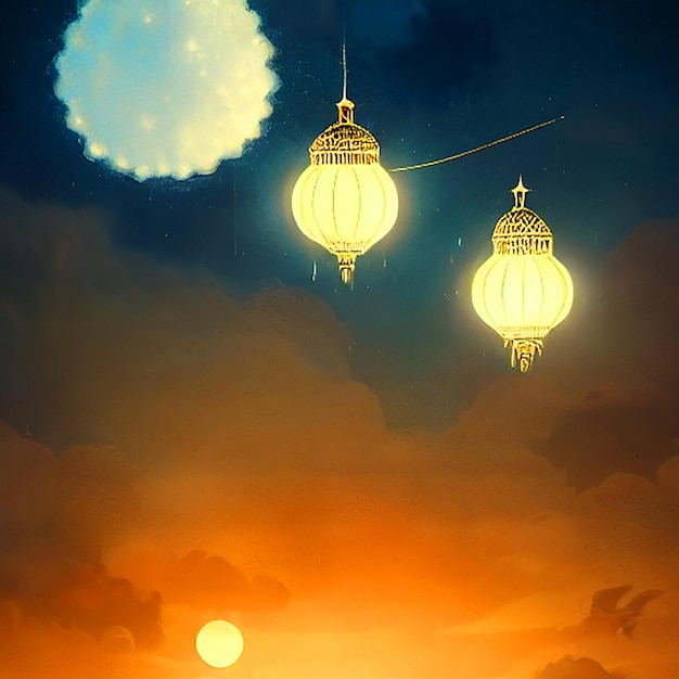 Happy eid alfitr poster with a background of lanterns moon and clouds