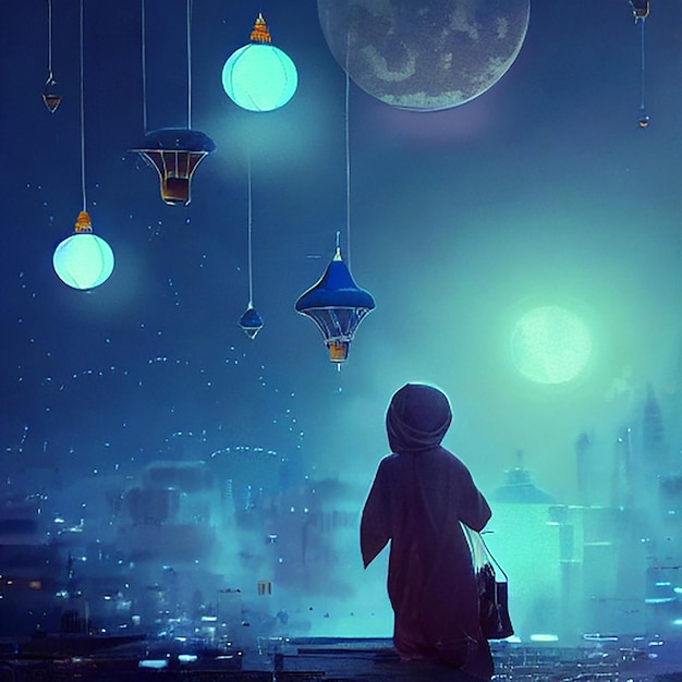 Happy eid alfitr poster with a background of lanterns moon and clouds