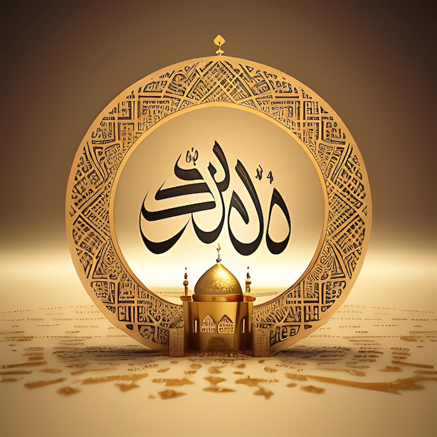 Happy Eid Mubarak calligraphy with hollow engraving moon on golden bokeh background Illustration