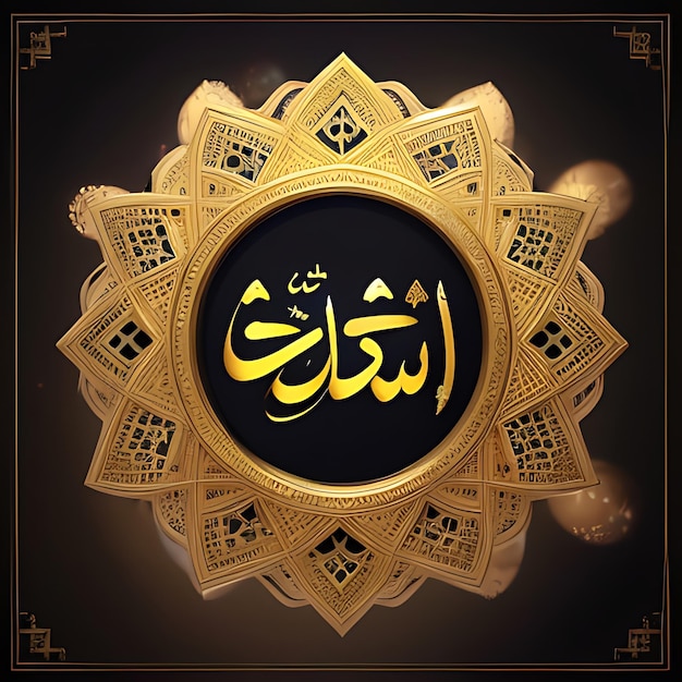 Photo happy eid mubarak calligraphy with hollow engraving moon on golden bokeh background illustration