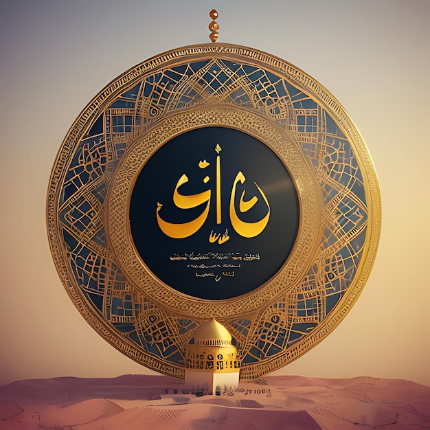 Happy Eid Mubarak calligraphy with hollow engraving moon on golden bokeh background Illustration