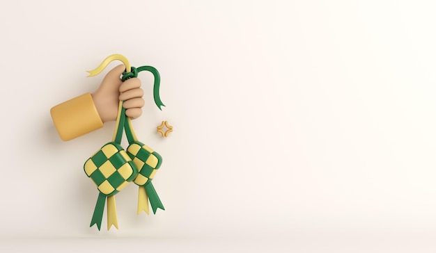 Photo happy eid mubarak concept with cartoon hand holding ketupat lebaran decoration background