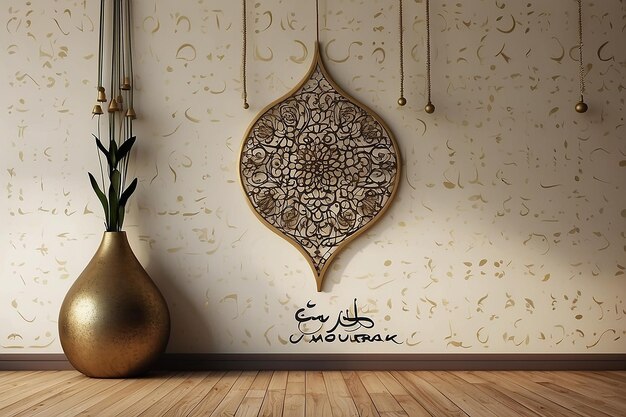 Happy Eid mubarak text design on isolated empty wall
