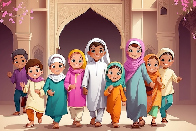 Happy eid mubarak with muslim kids Illustration of Muslim children returning home