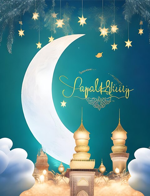 Happy eid poster with lanterns and moon