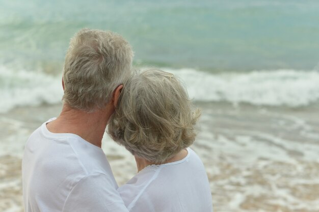 Happy elder couple looking at sea together