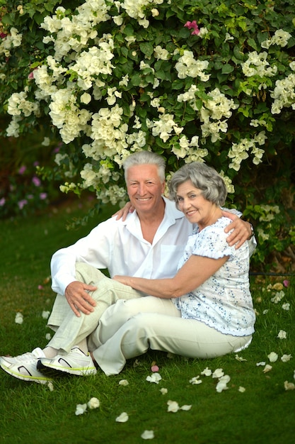 Happy elder couple resting on grass at nature