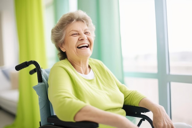 Happy elderly adult retired woman sit on wheelchair at home Smiling asian senior old grandma sit on wheelchair at hospital