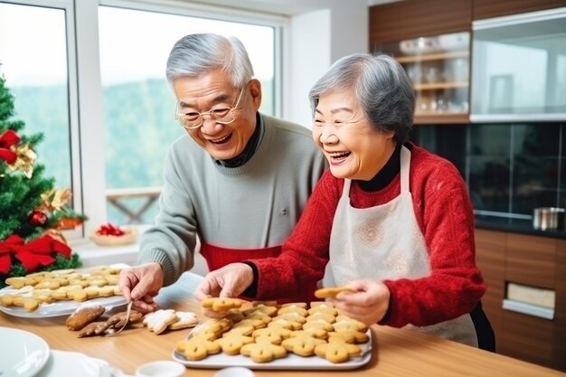 행복한 노인 아시아 부부는 크리스마스 휴가를 위해 집에서 맛있는 진저브레드 남자를 요리합니다.