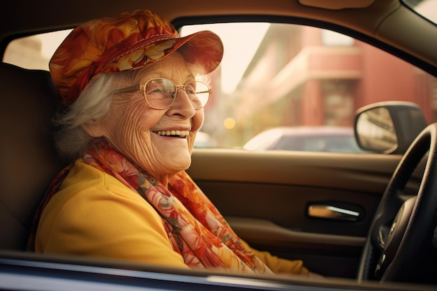 Счастливая пожилая азиатка в машине.