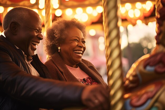 행복한 노인 흑인 부부는 놀이 공원에서 서로 미소 짓는 카루셀에 앉아 있습니다.