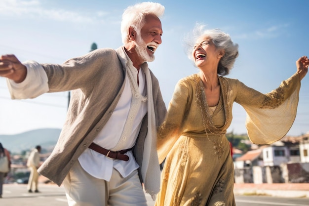 Happy elderly couple dancing against the blue sky ai generated