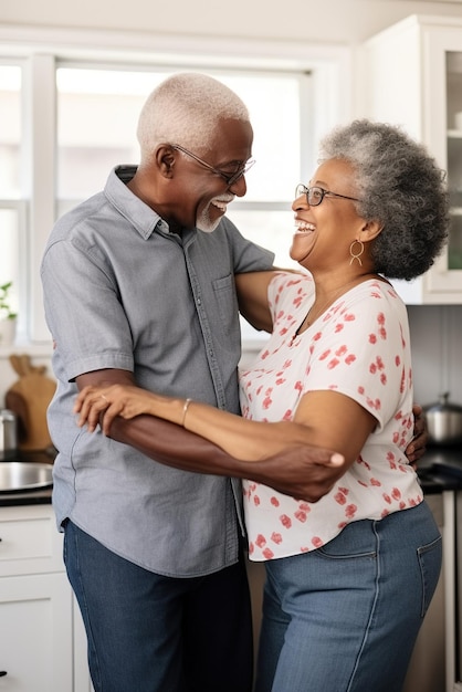 Happy elderly couple dancing in the kitchen